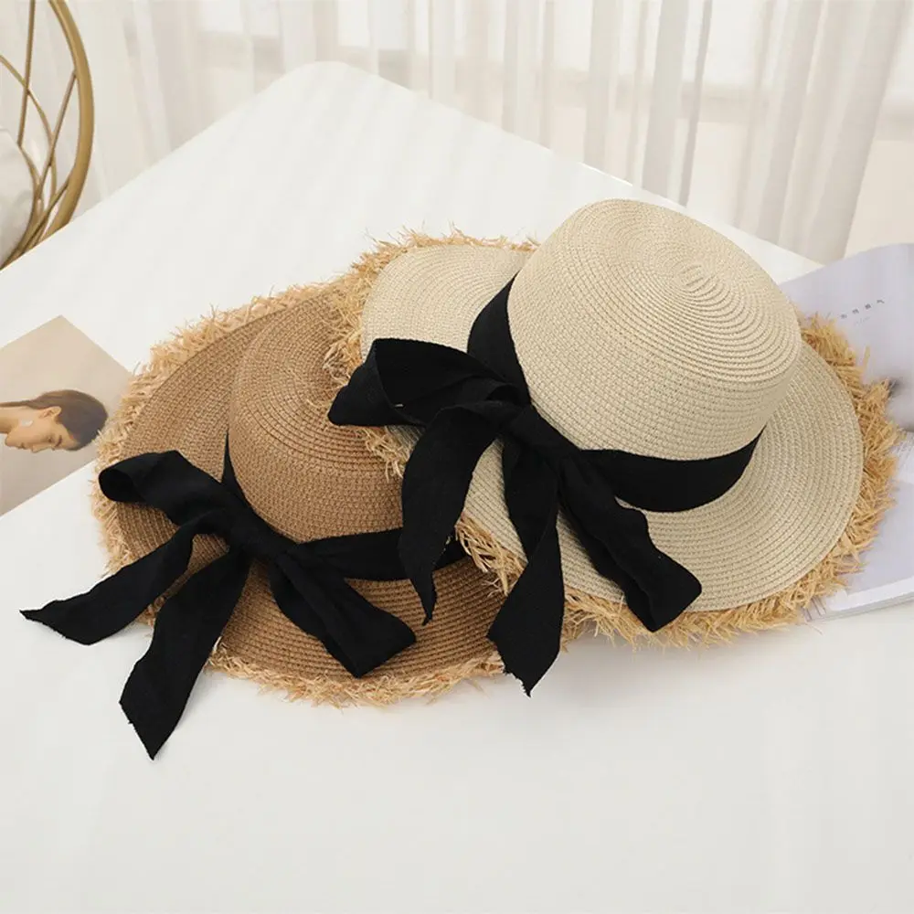 

Summer New Fashion Flat Top Big Brim Bowknot Decoration Sun Hat Women's Outdoor Travel Beach Straw Hat