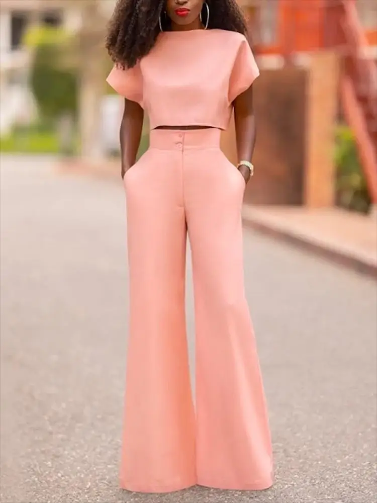 

Freeacy Female Wide Leg Pants 2023 New Summer Stylish Solid Color Suit Short Sleeves Tops and High Waist Pants Women's Suit