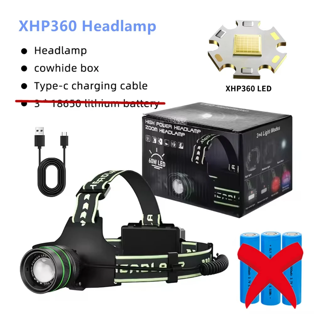 

Самый мощный яркий XHP360 36-ядерный светодиодный налобный фонарь Type-C с зарядкой и волновой ручной индукционный налобный фонарь SOS для кемпинга, рыбалки