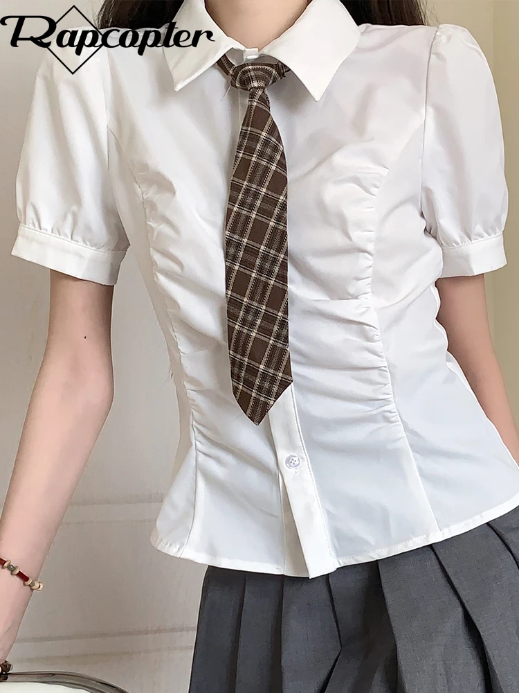 

Rapcopter y2k Tie Crop Top Button Short Sleeve T Shirt White Prepply Ruched Korean Cardigans Women Grunge Vintage Tee Streetwear