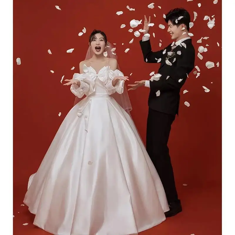 

Новинка 2023, женские свадебные платья, милое Элегантное свадебное платье в пол без бретелек с бантом, удобное атласное простое платье Мари