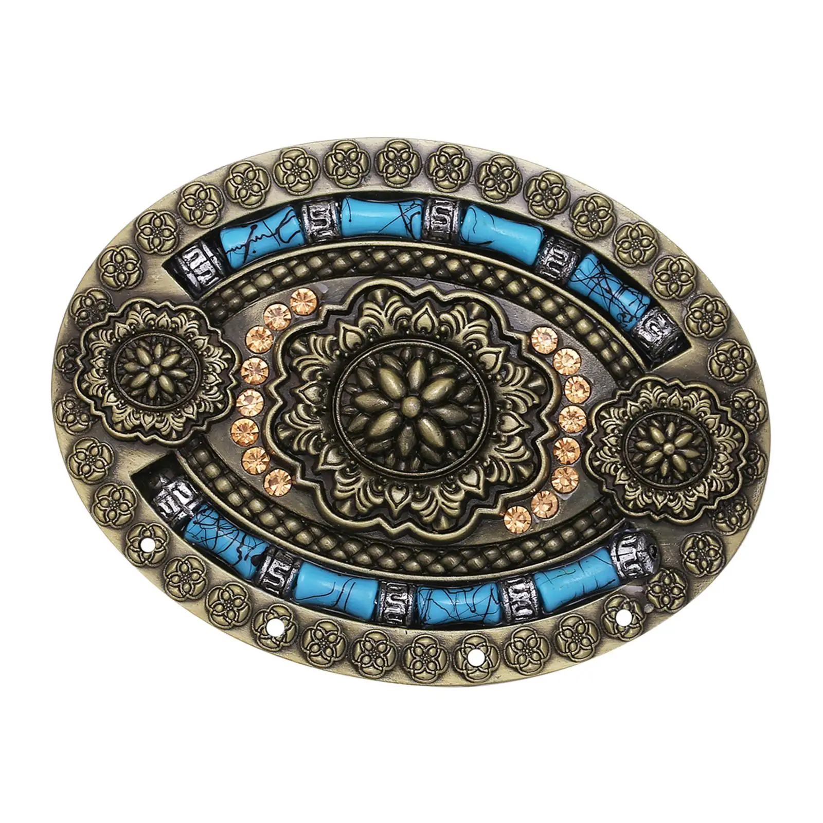 

Bohemian Indian Style Belt Buckle Turquoise Alloy Antique Engraved Floral Fashion Oval Cowboy Novelty Buckle for 1.5" Wide Belt