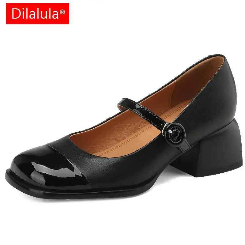 

Dilalula 2023 Women Genuine Leather Pumps Thick Heels Splicing Genuine Leather Mary Janes Shoes Woman Spring Summer Office