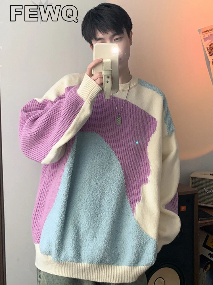 

Мужской вязаный свитер с асимметричным воротником FEWQ, Свободный Повседневный пуловер цвета хаки с асимметричным соединением, новинка на ос...