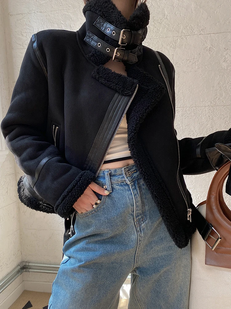 Women Winter Faux Shearling Sheepskin Fake Leather Jackets Lady Thick Warm Suede Lambs Short Motorcycle Brown Coats Leather