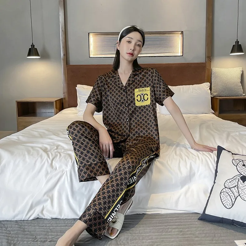 New Satin Chiffon Silk Couple Pajamas 2023 Spring/Summer Men's and Women's Short Sleeve Pants White Black Set