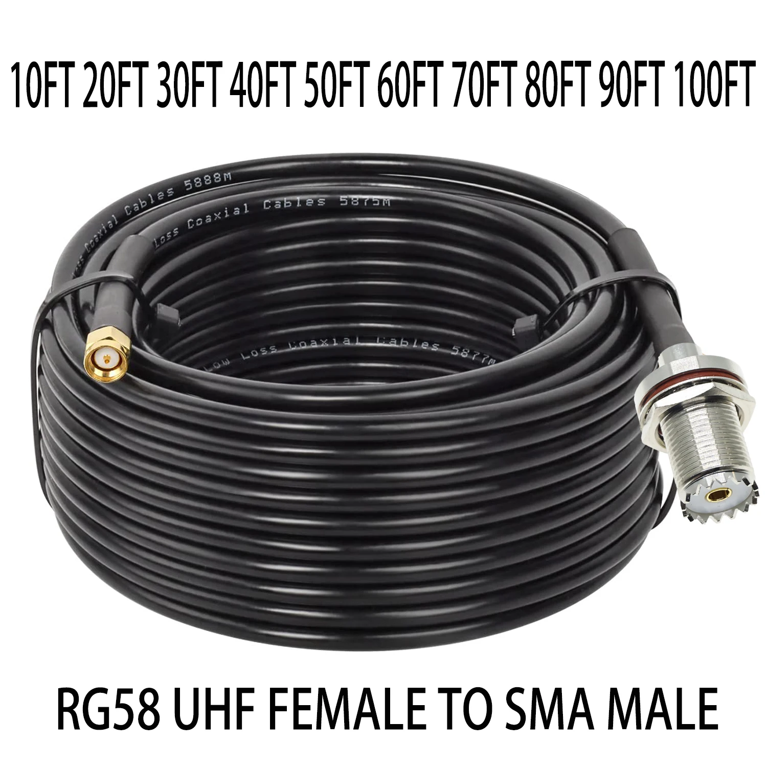 50ft 100feet RG58 UHF female SO239 To SMA male plug connector ham CB radio antenna RF pigtail coax coaxial Cable jumper 50ohm