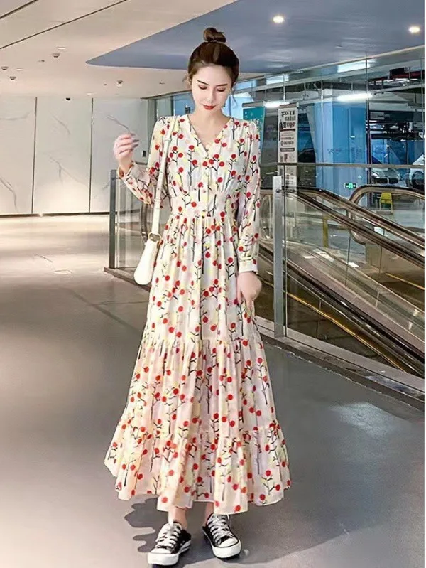 Женское шифоновое платье с V-образным вырезом длинным рукавом