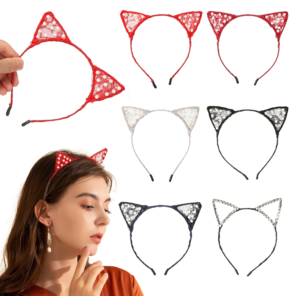 

Повязка на голову с кошачьими ушками, жемчужные повязки для волос стразы, женский головной убор для девочек, милые повязки для волос, аксесс...