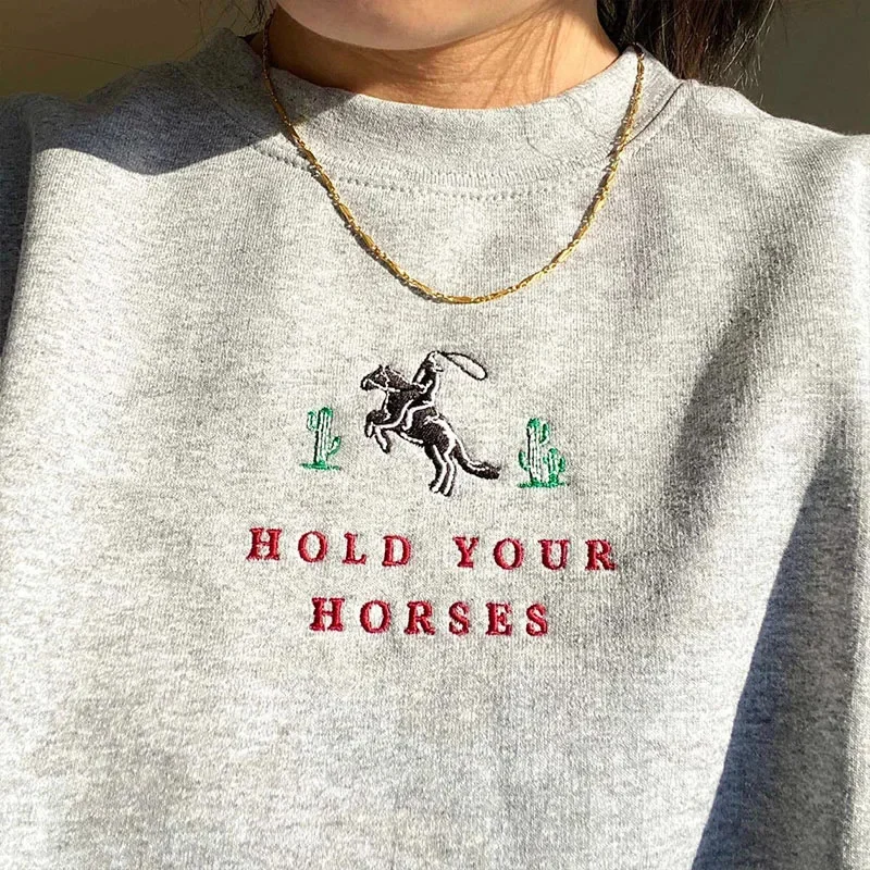 

Hd Your Horses Cactus Embroidered Sweatshirts Men Women Unisex Gray Votton Thick over Vintage Style 80s 90s Autumn Clothes