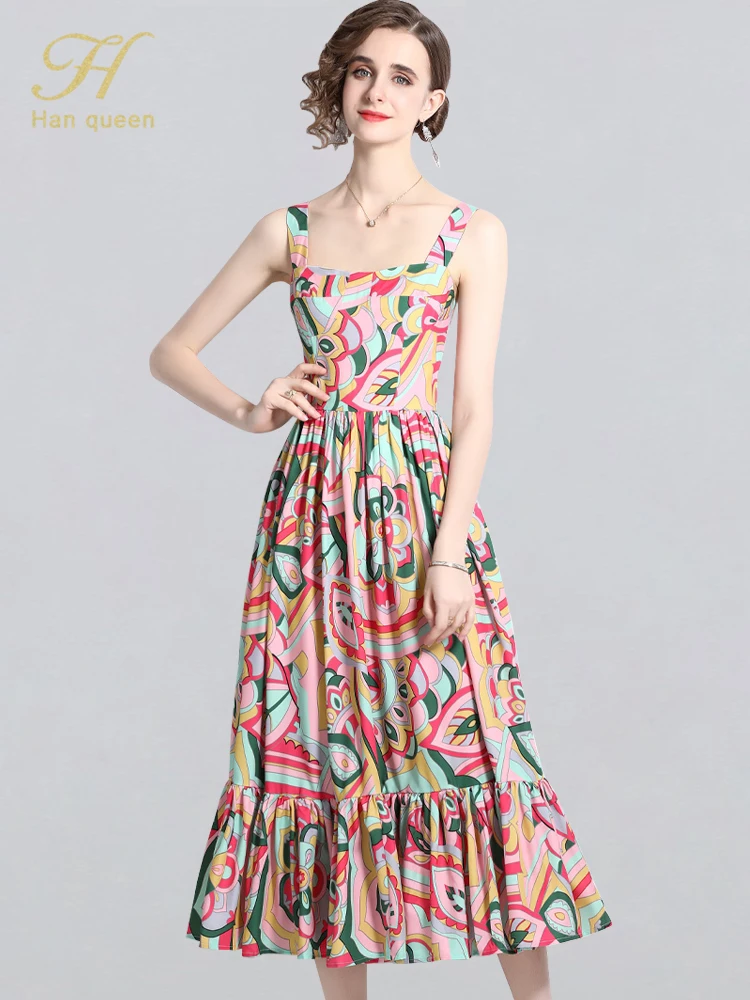 

H Han Queen New Summer Dresses Retro Sleeveless Printing Vestidos Elegant Fashion Slim Big Swing Long Party Casual Bohemia Dress