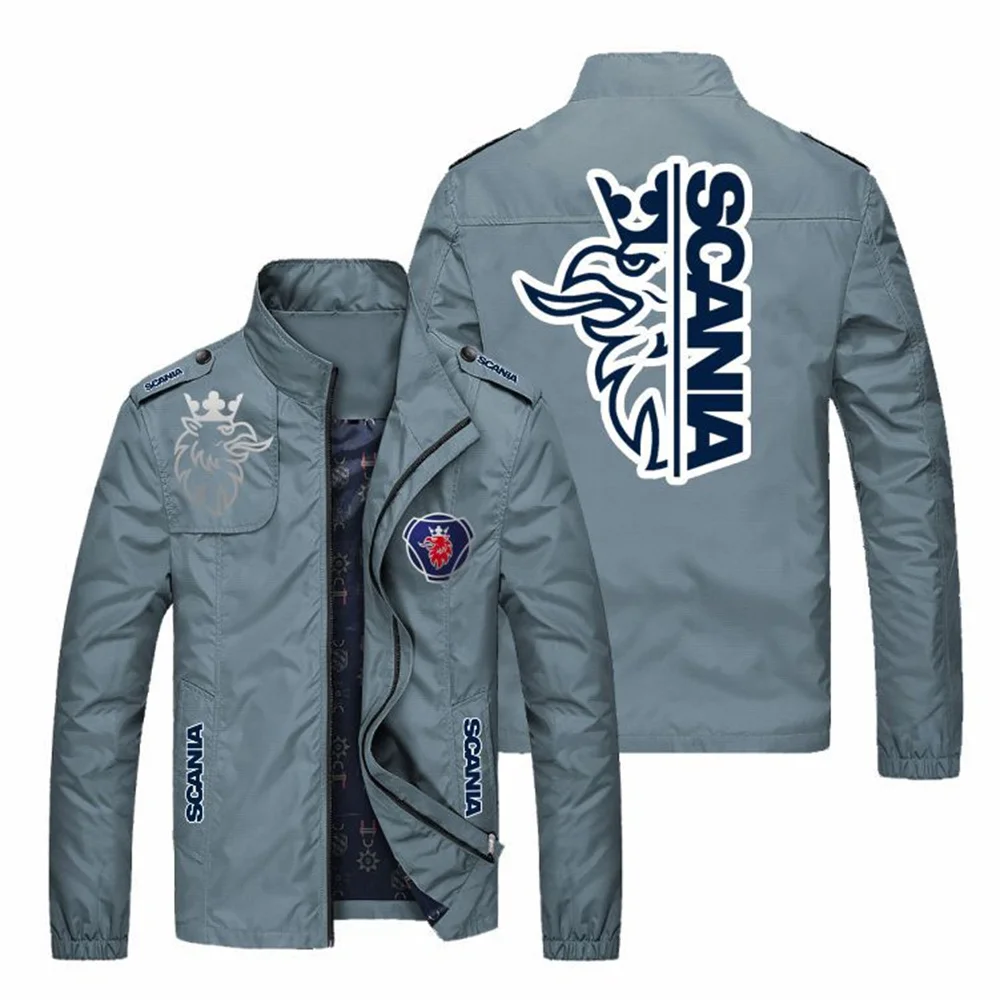 

New boutique men's jacket. Stand collar pilot spring and autumn work clothes, famous car logo advertising coat.