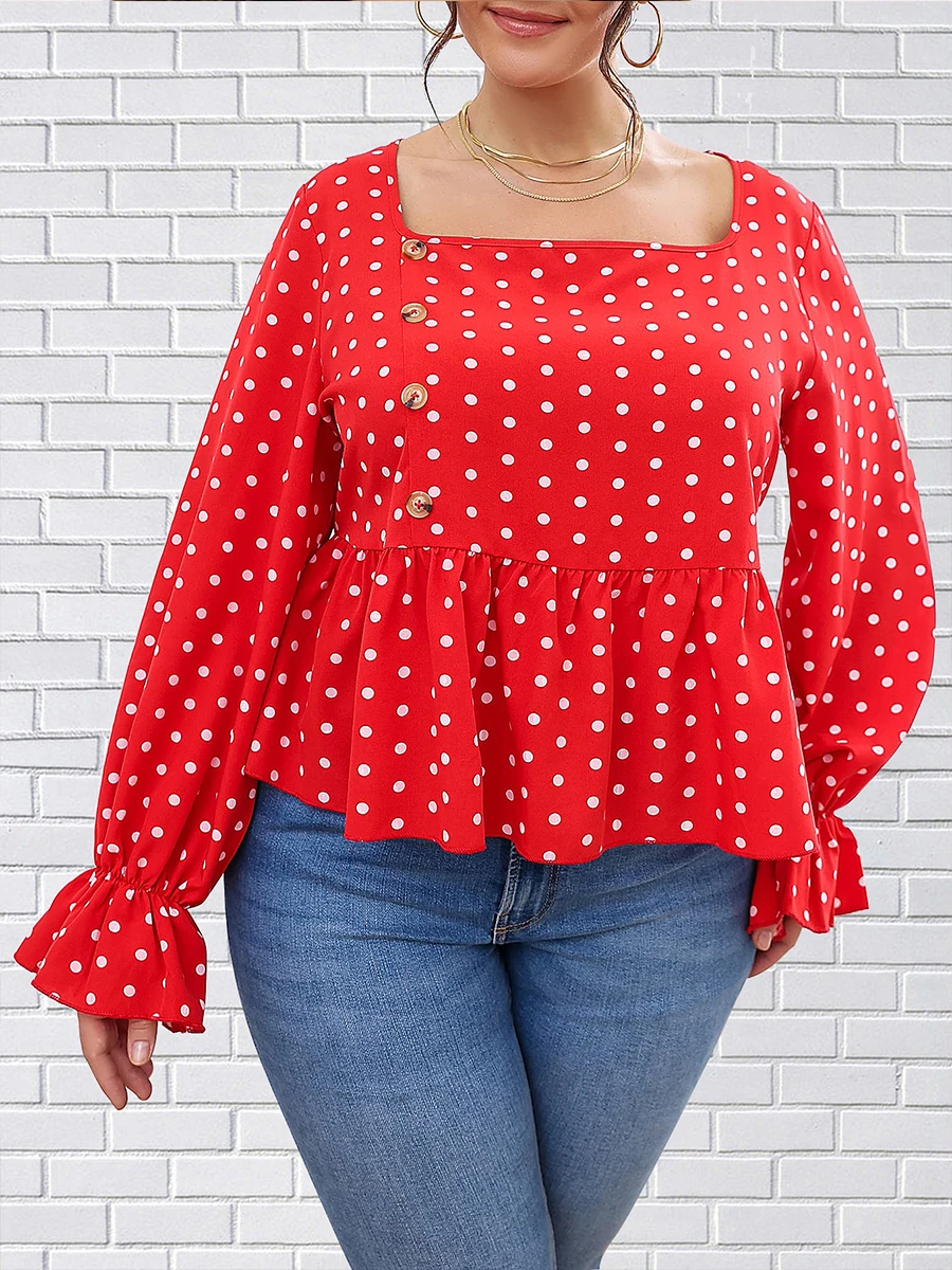 

Finjani Women Blouse Polka Dot Flat Neck Flounce Sleeve Blouse Patchwork Elegant Plus Size Women's Blouses