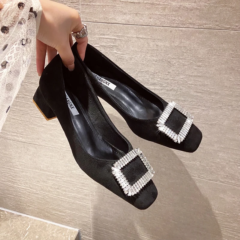 

Black Heel Shoe Square Toe Slip On Lace-Up Work Dress Professional Sandals Ladies Branded Pumps 2022 Shallow Mouth 3cm Slip-On G