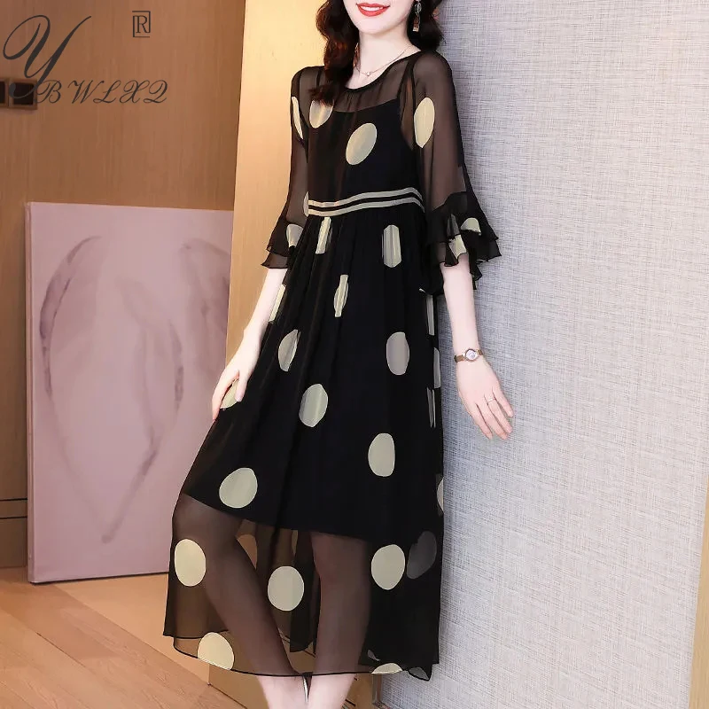 

Fashion Temperament Silk Polka Dots Printing Loose Dress Summer Flare Sleeve Women Black Dress Mom Plus Size Comfort Dresses