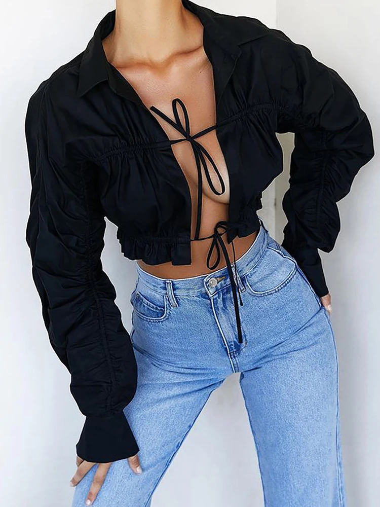 

Женская блузка со складками, однотонная блузка в готическом стиле, лето 2019