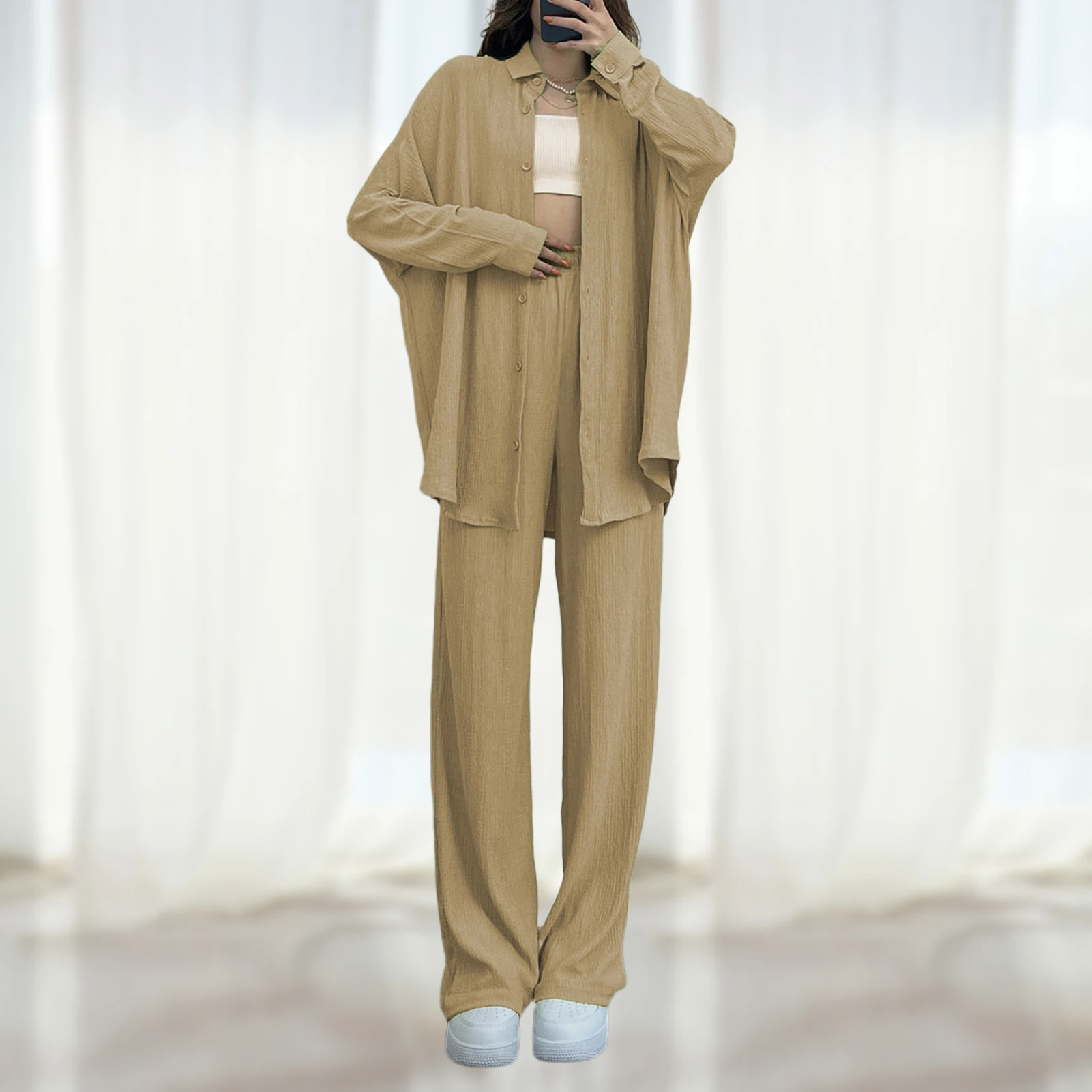 

2023 Summer Autumn Women's Comfy Lapel Shirt Wide Leg Pant Two Piece Set for Elegant Outfits Female Daily Commuting Wear