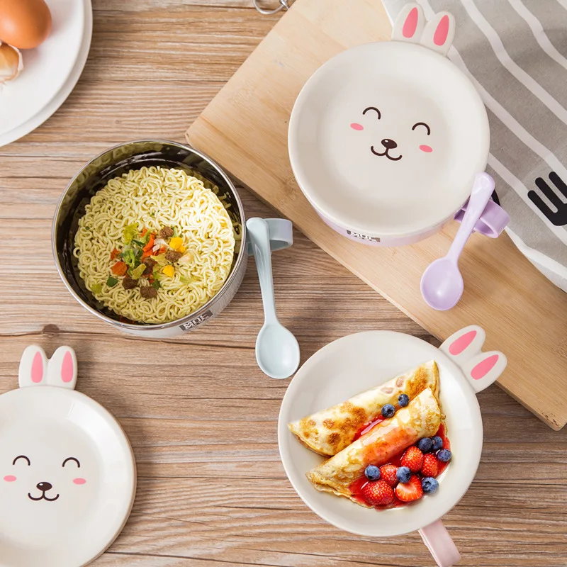 

Cartoon Stainless Steel Lunch Box Rabbit Children's Double-Layer Instant Noodles with Spoon Tableware Anti-Scalding Heat Cute