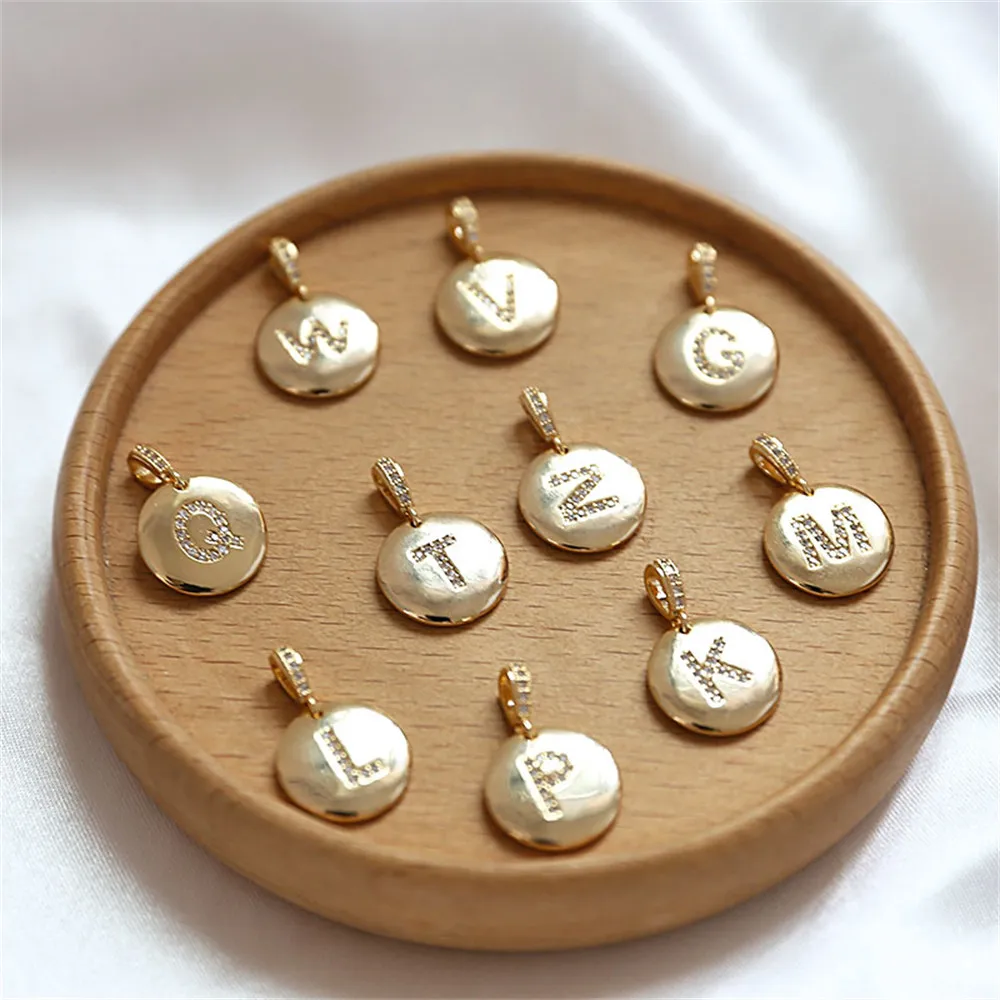 

Copper Plated Gold Micro Inlaid Zircon Letter Gold Coin Round Pendant DIY Earrings Necklace Material Accessories