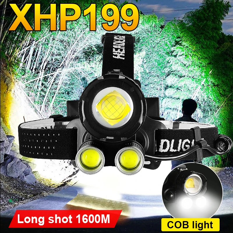 Новейший светодиодный налобный фонарь XHP199 2COB, мощный налобный фонарь, перезаряжаемый мощный налобный фонарь, XHP90, налобный фонарь для рыбал...