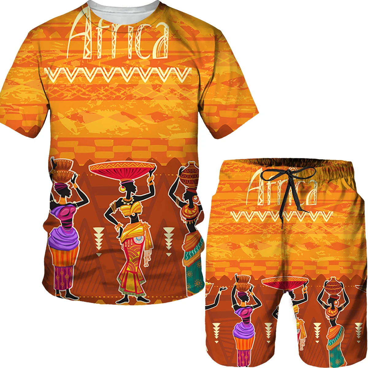 

Summer African Men's T Shirt Shorts Two Piece Set Short Sleeve Plus Size Men Retro Ethnic Print Tracksuit Couple Dashiki Clothes
