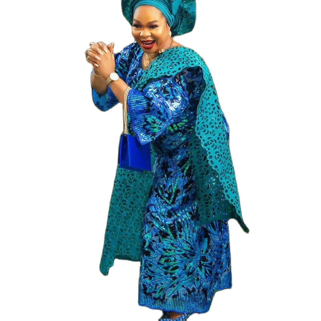 

African Sequins Lace Fabric 2022 French Nigerian Tulle Flocking Lace Fabric High Quality For Sew Party Wedding Gown