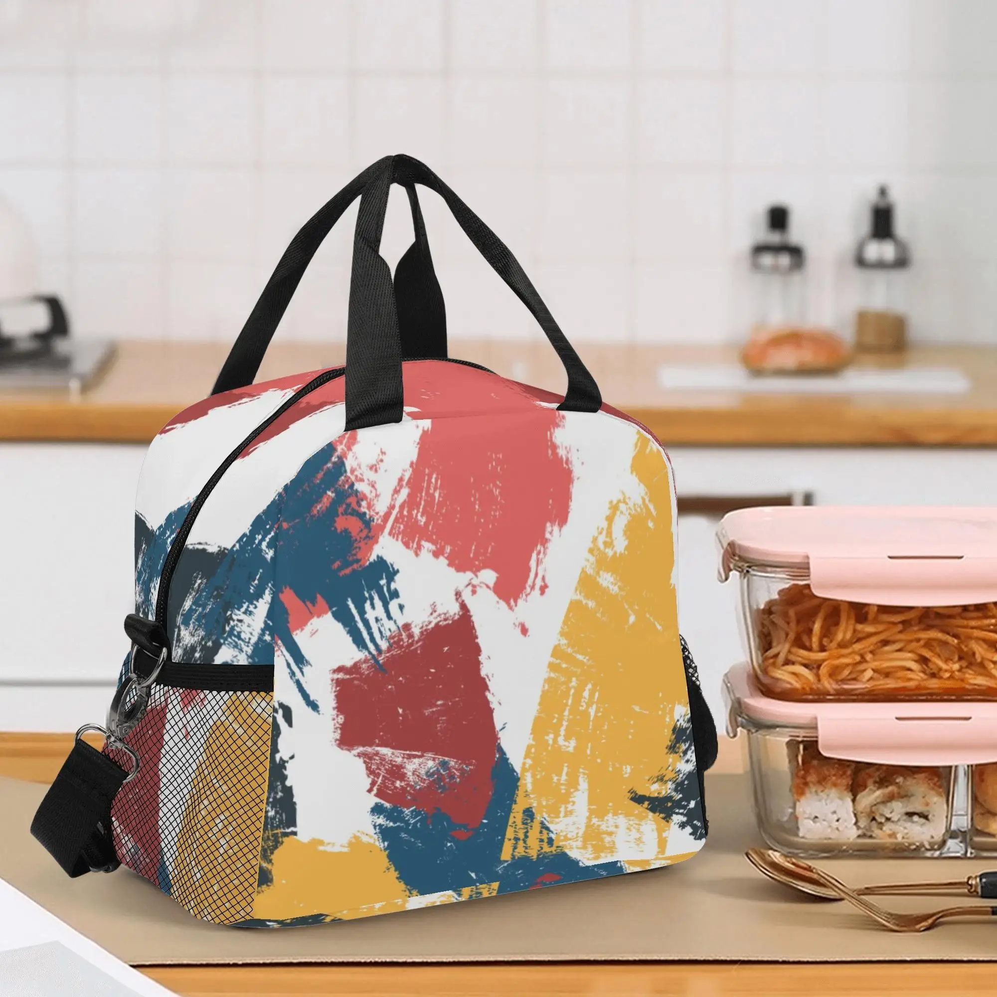 

Brush Art Thermal Polyester Canvas Lunch Box Bags For Women Insulated Zipper Closure Shoulder Strap Picnic Box For Work