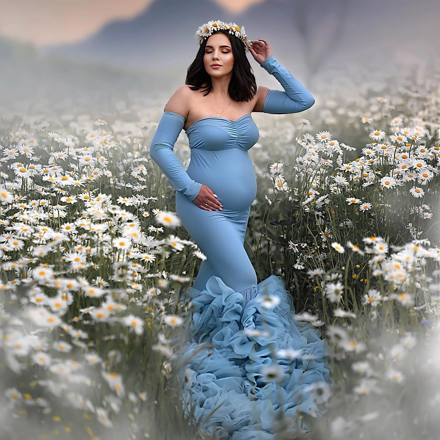 

Baby Blue Mermaid Maternity Robes for Photo Shoot Tiered Ruffles Pregnant Women Gowns with Removable Sleeves Babyshower Dresses