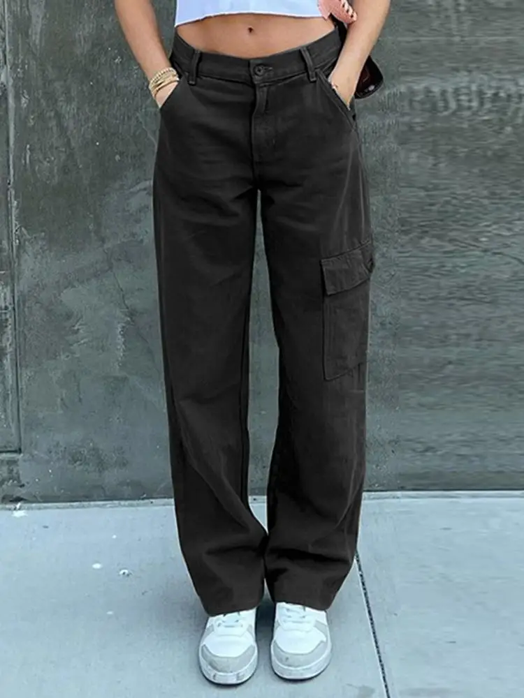 

ZANZEA Oversized Fashion Women Solid Cargo Palazzo Hip Hop Style Straight Leg Pants Trousers Harajuku Streetwears Loose Pantalon
