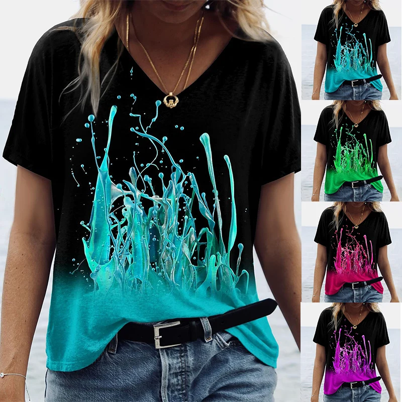 

Женская футболка с абстрактной живописью, новинка 2022, женская футболка с рисунком Tie Dye, базовый топ с V-образным вырезом, зеленый, синий, розо...