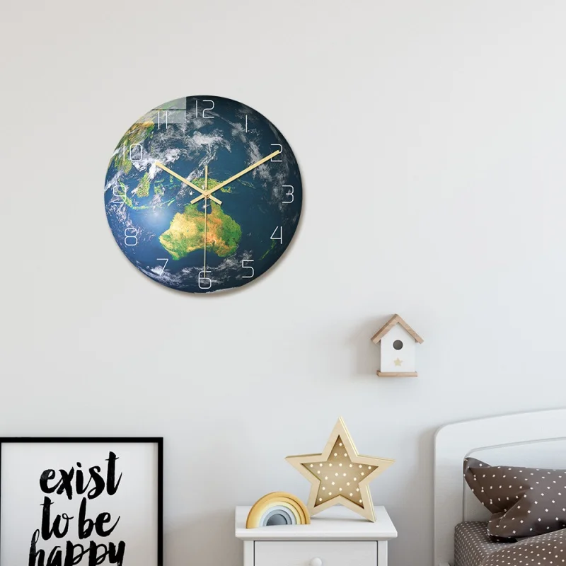 

Clock088 Luminous Earth Wall Clock Planet Acrylic Material UV Print Clock Study Bedroom and Living Room Decoration