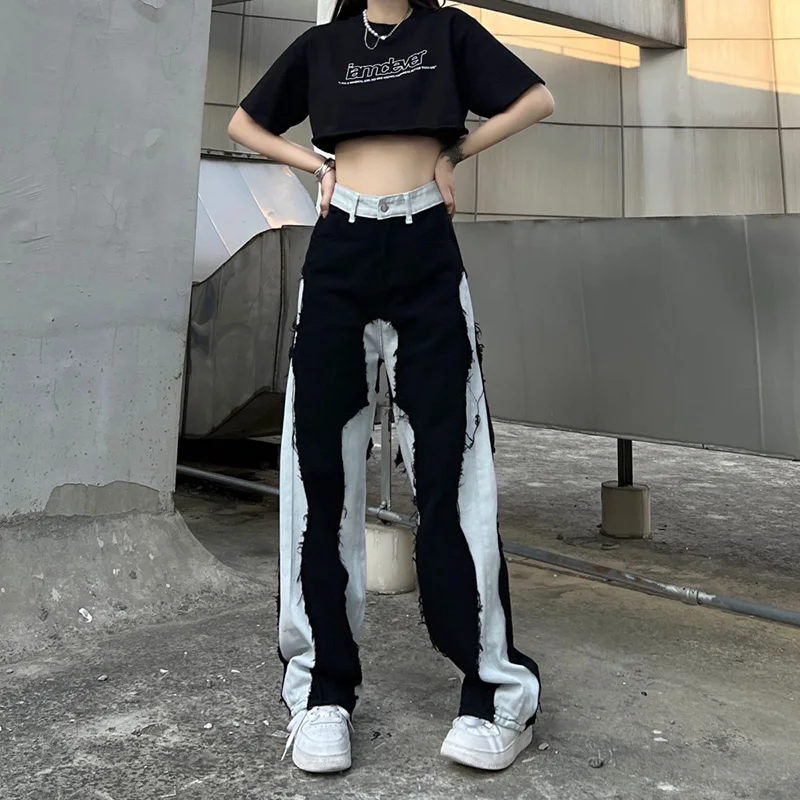 

Korea Style Patchwork Baggy Jeans Women Spring Summer Tidal Current Spliced Trousers Vintage High Waist Wide Leg Traf Y2k Pants