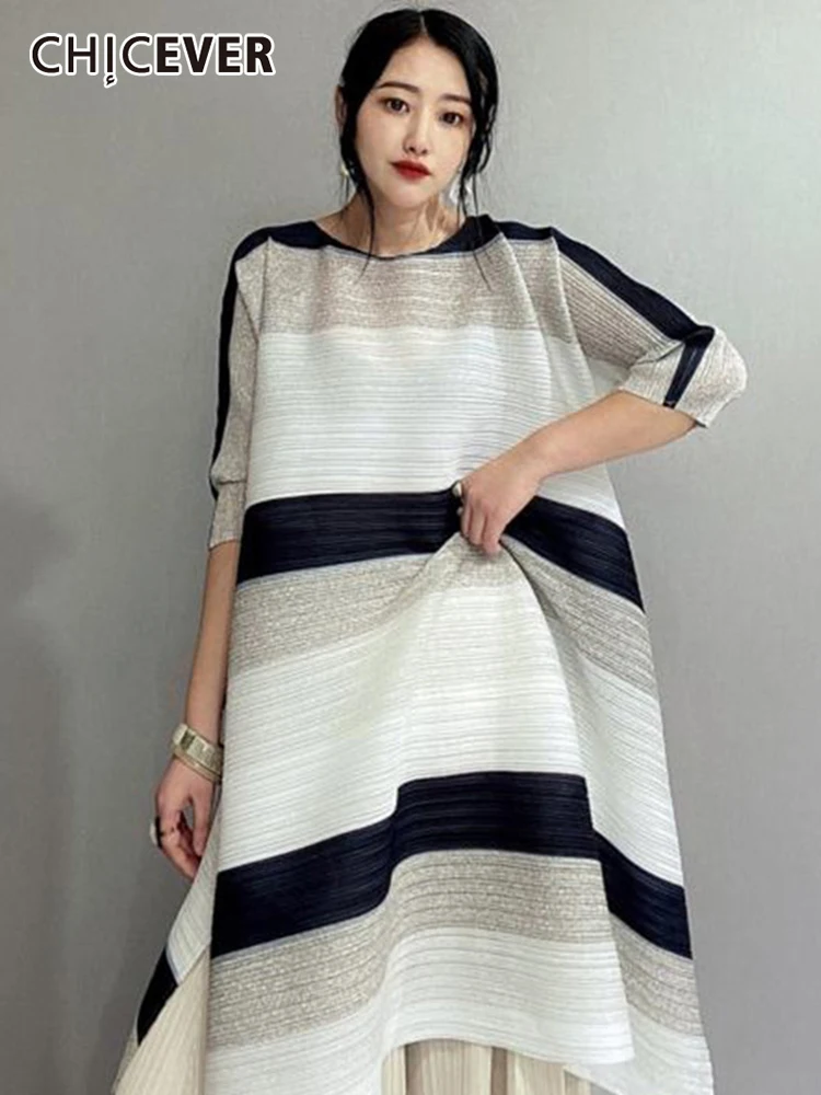 

CHICEVER Striped Colorblock Dress For Women O Neck Half Sleeve Straight Loose Waist Long Dresses Female 2022 Summer Fashion New