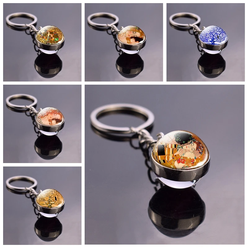 

Gustav Klimt The Kiss Crystal Ball Keychain Tree of Life Pendant Double Sided Glass Ball Cabochon Jewelry Gifts Dropshipping
