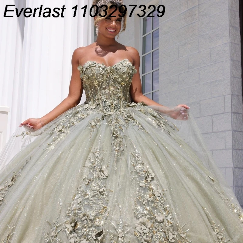 EVLAST блестящее зеленое платье для Quinceanera 2024 бальное 3D Цветочная аппликация бисер