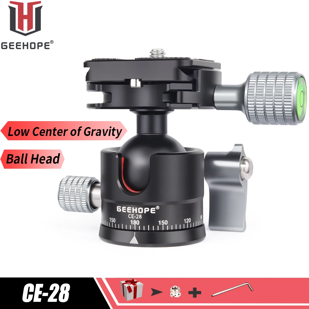 

Low Profile Tripod Head Geehope CE-28 360° Panoramic Metal Ballhead for DSLR Camera with Arca Swiss Plate 1/4" Screw Load 5kg
