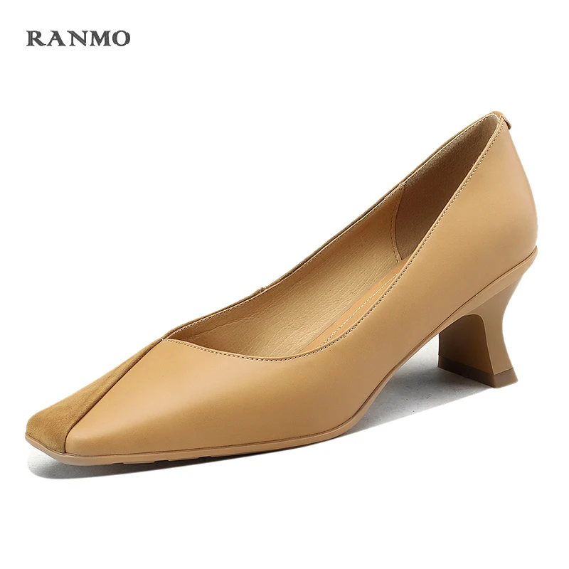 

Women Pumps Splicing Genuine Leather Square Toe Strange Heels Shoes Woman Spring Summer Fashion Office Party Size 34-40