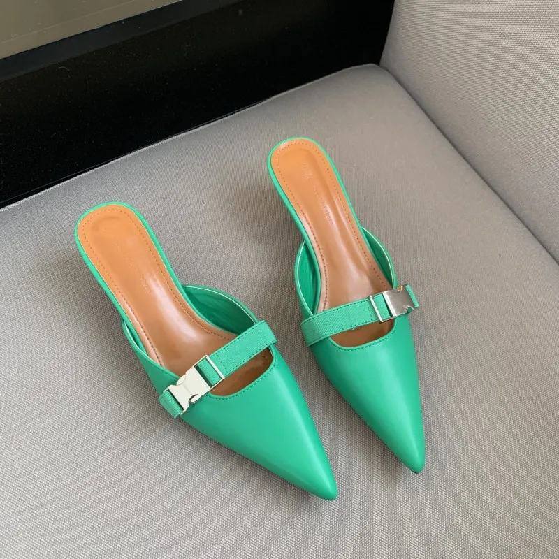 

Shoes Woman 2022 Thin Heels Pointed Toe Slippers Casual Pantofle Low Luxury Cover New Basic Fabric Fashion Rome Rubber Slides PU