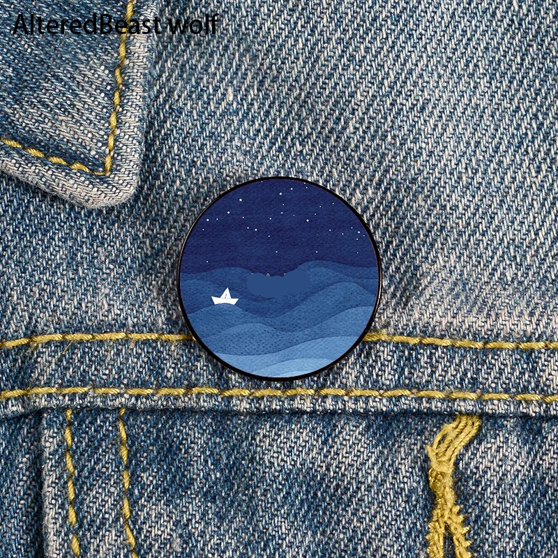 

Blue ocean waves sailboat ocean stars Pin Custom Funny Brooches Shirt Lapel Bag Cute Badge enamel pins for Lover Girl Friends