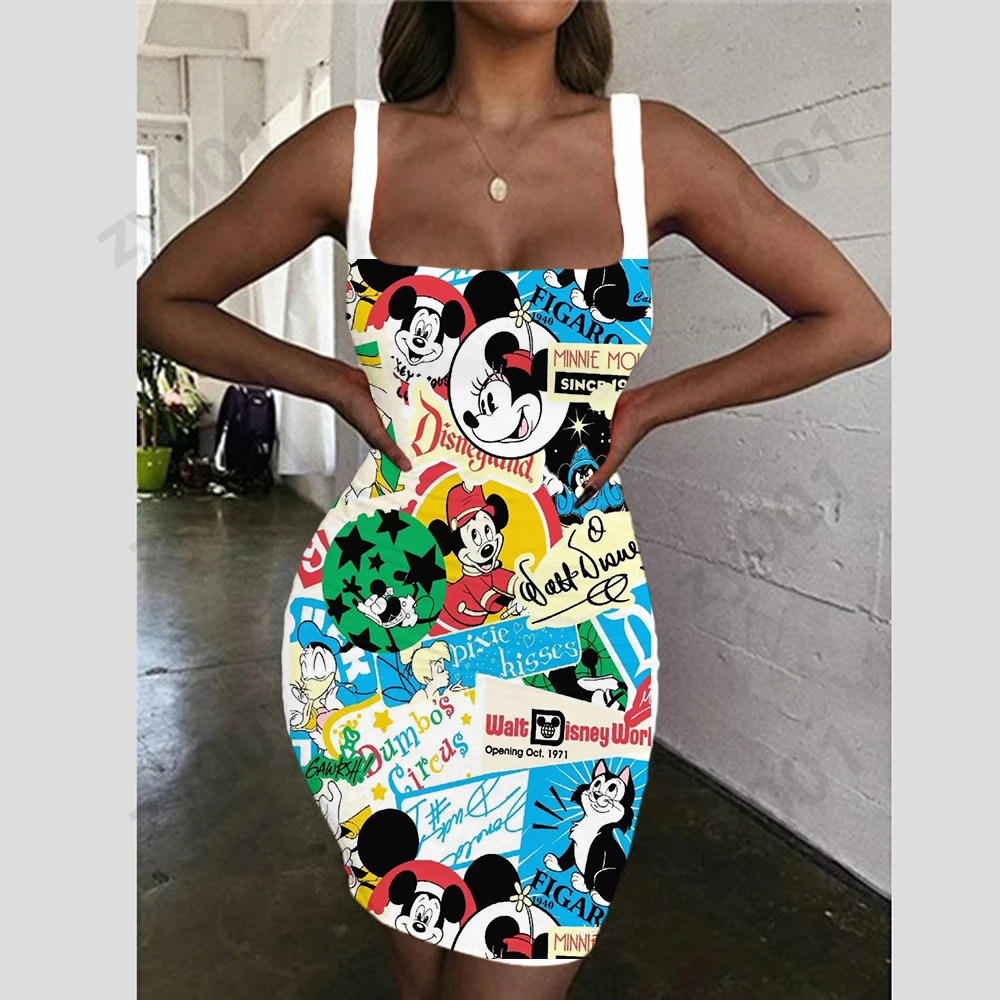 

2022 Creative Graffiti Cartoon Summer Sling Dress Disney Mickey Top Sling Slim Sexy Dating Sleeveless Print Dress Hot Sale