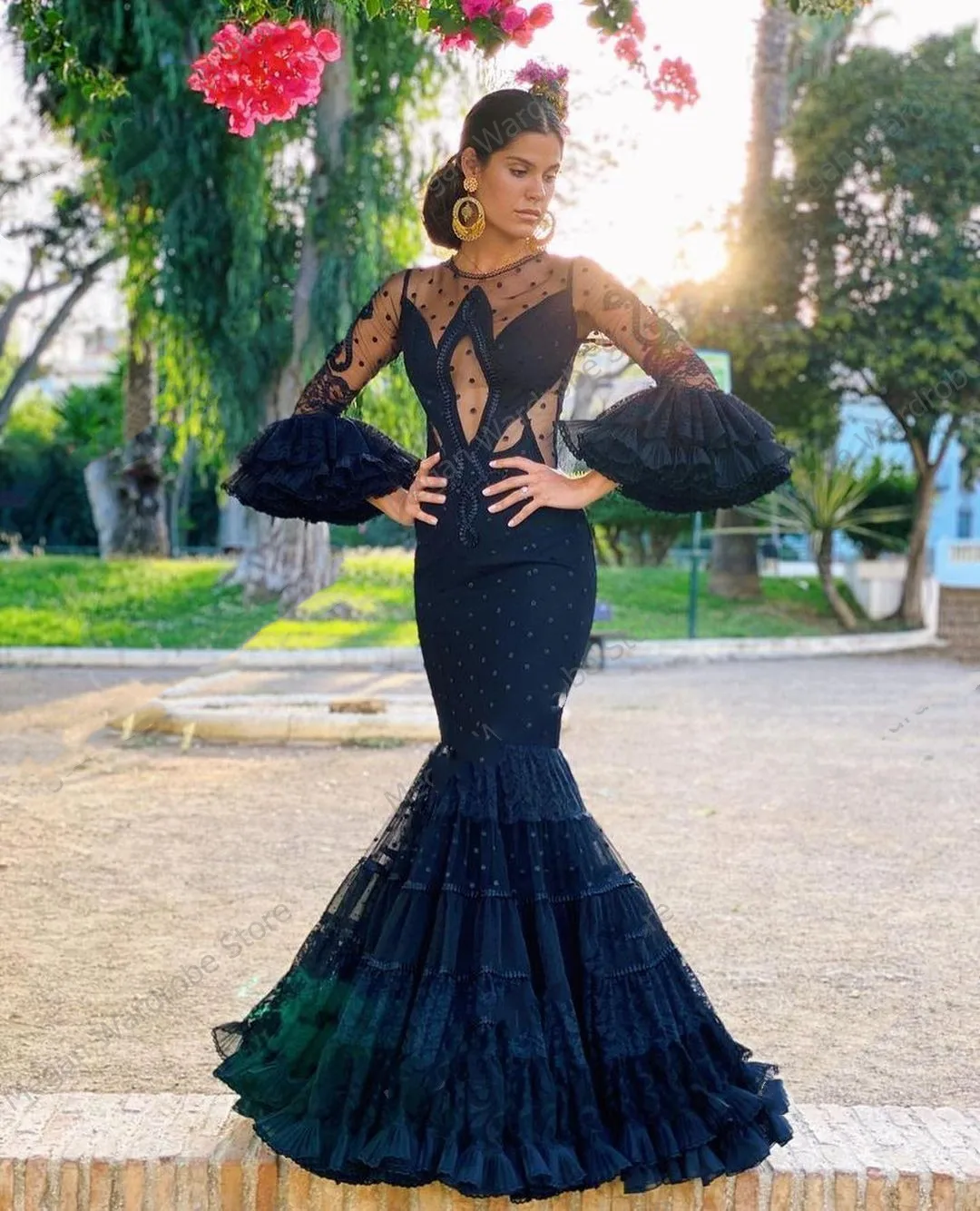 

Black Polka Dots Tulle Mermaid Prom Dresses Women Spanish Flamenco Style Long Sleeve Illusion Mesh Evening Dress