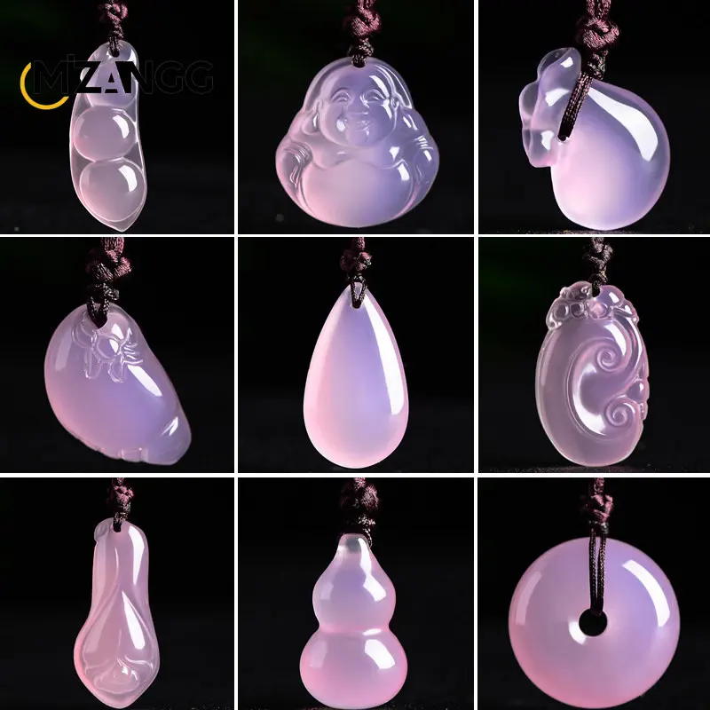 

Natural Ice Pink Chalcedony Agate Pendant Peace Buckle Four Seasons Bean Buddha Water Drop Gourd Necklace Gift for Men and Women