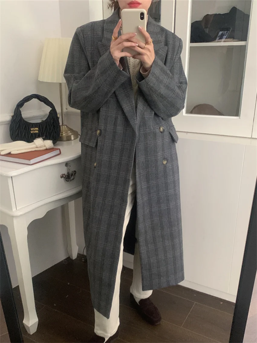 Alien Kitty Classic Women Woolen Cloth Long Trench Plaid Winter Elegant 2022 Loose Chic Office Lady Vintage Slim Casual Coats