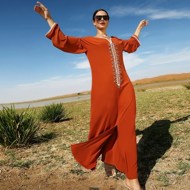 Abayas Muslim Maxi Dress Women With Diamond Full Sleeve Robes Fashion Elegant Arab Dubai Islamic Clothing Ramadan Muslim Dresses