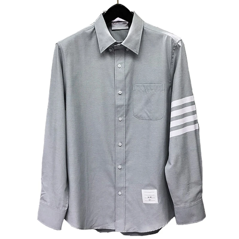 TB New Fashion Light Grey Men Shirt Blouse Casual Long Sleeve Cotton Oxford Male Dress Shirts Fit Top Quality Blouse with Pocket