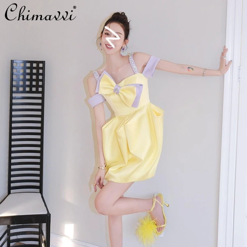 

French Style Yellow Diamond Bow Waist Trimming Spaghetti Straps Dress 2022 Summer Dress New Heavy Beads Bud Fairy Dresses Women