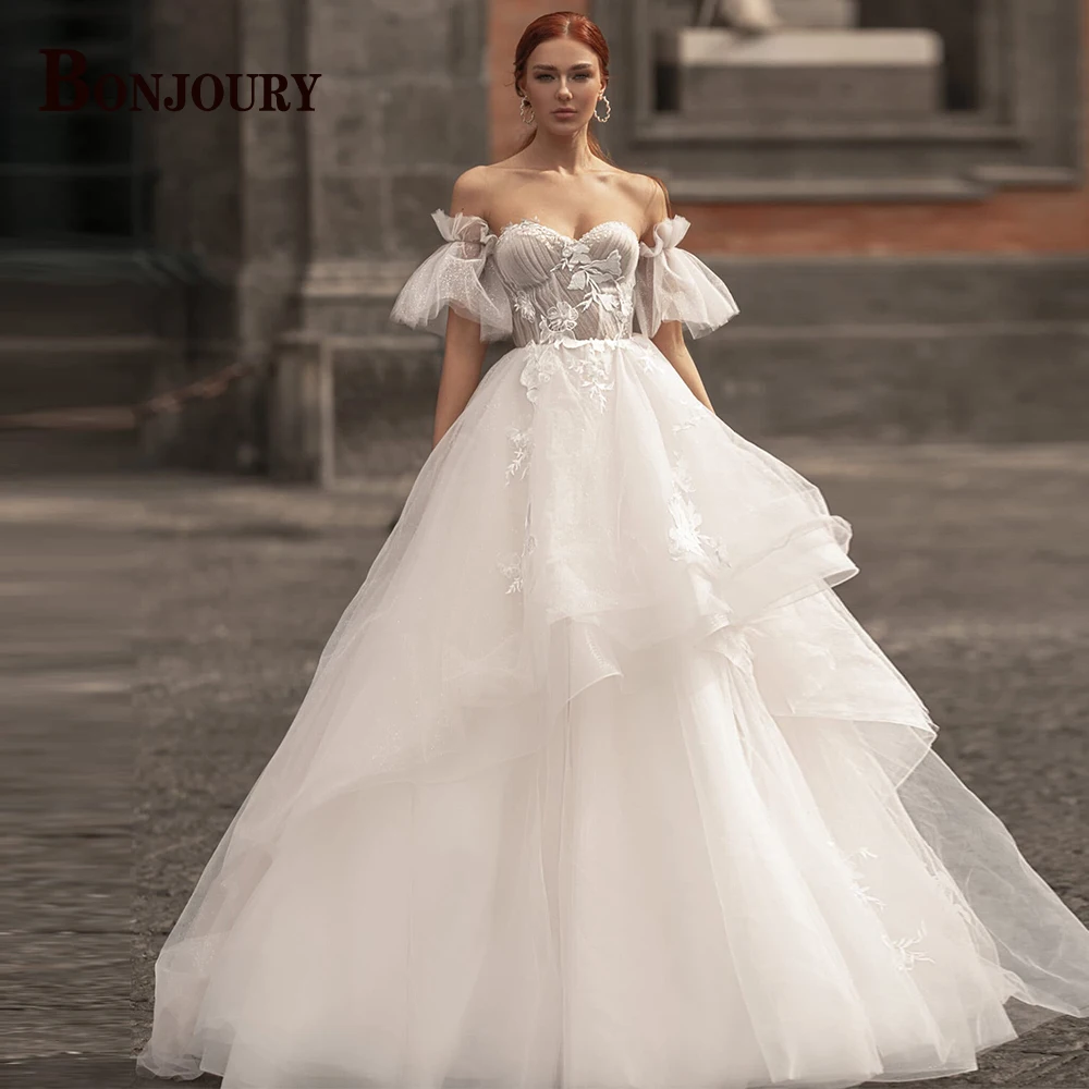 

BONJOURY Stylish Sweetheart Wedding Dresses For Women 2023 Tiered A-line Vestido De Noiva Tulle Pleat Made To Order Bride