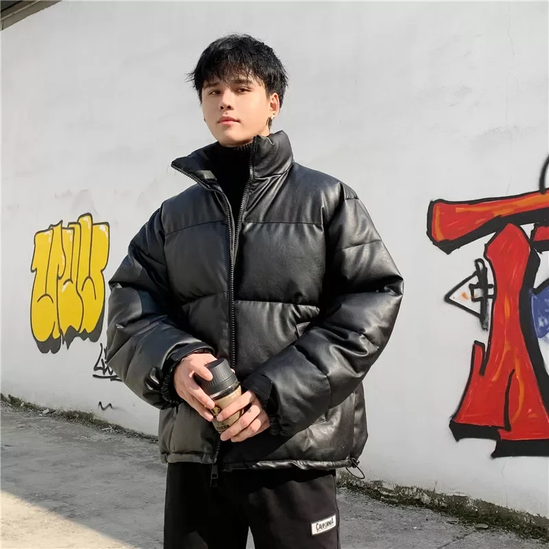 Warm Winter Leather Coats Harajuku Fashion Male Loose Cotton Padded Jackets PU Leather Thicken Solid Color Mens Parkas