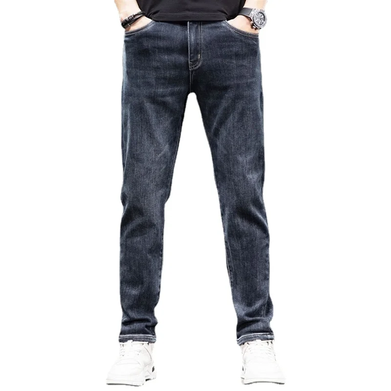 Autumn Winter Men Blue Jeans Casual Slim Fit Straight Pants Streetwear Fashion Embroidery Denim Trousers CP2179