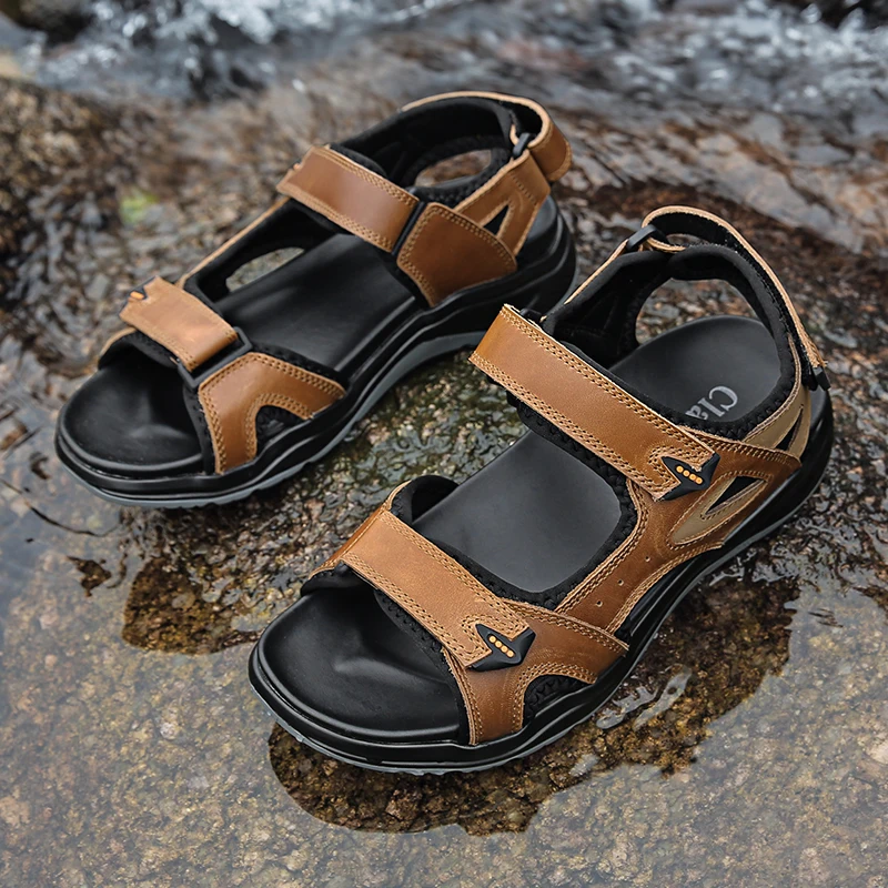

Summer Cow Leather Men Outdoor Peep Toe Hiking Beach Sandals Casual Handmade Plus Size 47 48 Shoes for Man